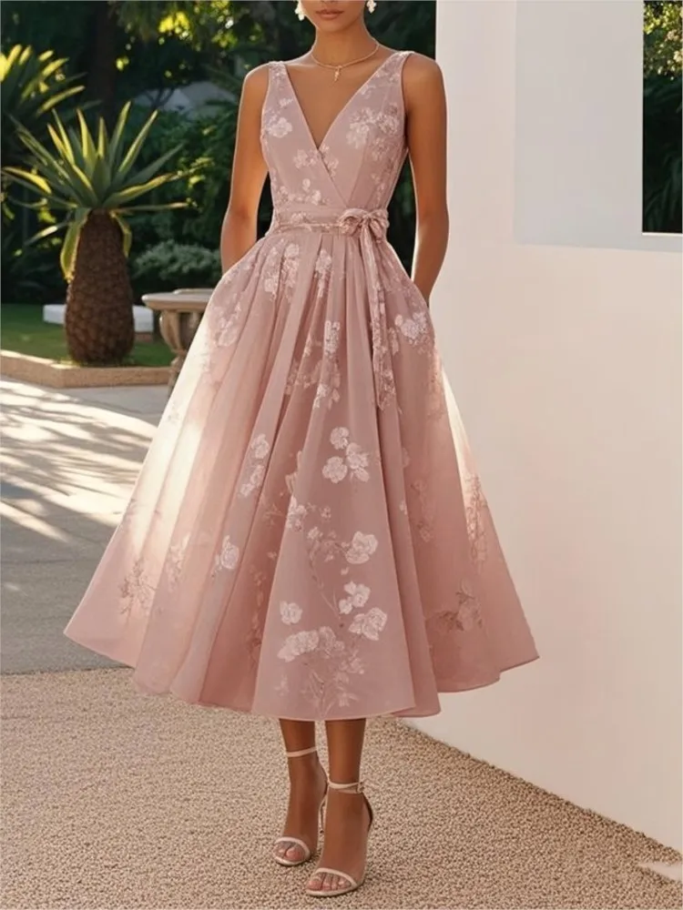Sexy Kleider, modisch bedruckt, ärmellos, V-Ausschnitt, hohe Taille, mit Trägern, lässig, für Pendler, pastoral, Party, Bankett, Business, Vestidos Image