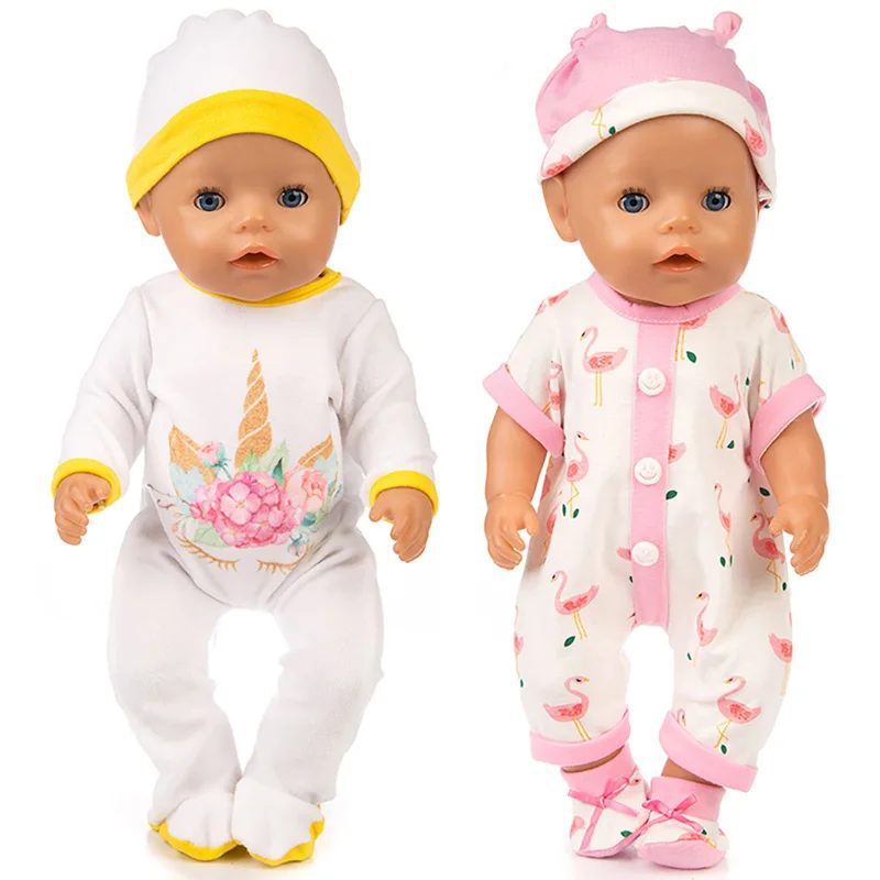 16-18 Zoll Puppe Pyjamas Schlummertrunk Set süße Flamingo Muster Strampler 40-45 cm Wiedergeburt Puppe Anzug mit Hut Kawaii Einhorn Puppe Kleidung