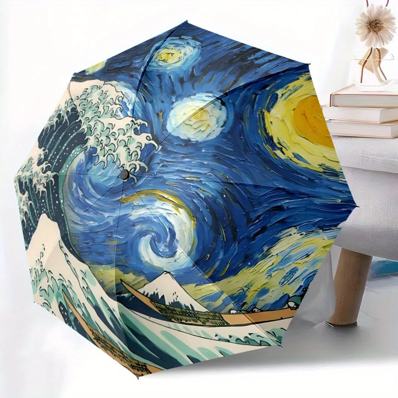 1 Stück Van Gogh Sternennacht Kunst-Regenschirm - Automatisch Öffnender/Schließender Faltschirm mit Verstärktem 8-Rippen-Gestell, Tragbarer 3-Fach Kompakter Schirm Image