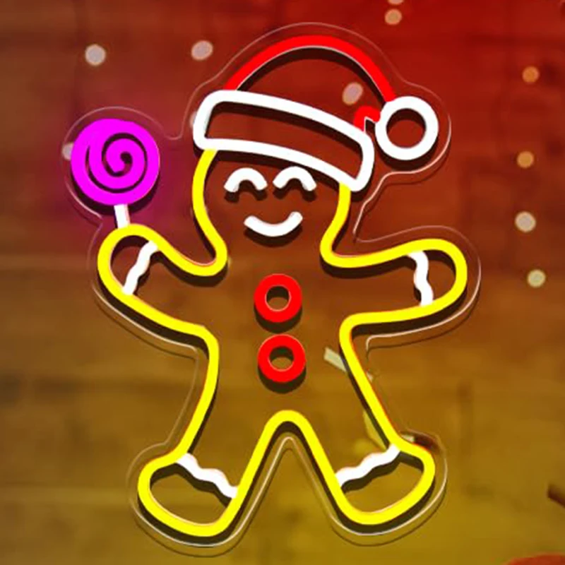 Lebkuchenmann-Neonschild mit Lutscher, dimmbar, leuchtendes Schild für Wanddekoration, Weihnachten, für Schlafzimmer, Wohnzimmer, Kinderzimmer, Festival, Pa Image
