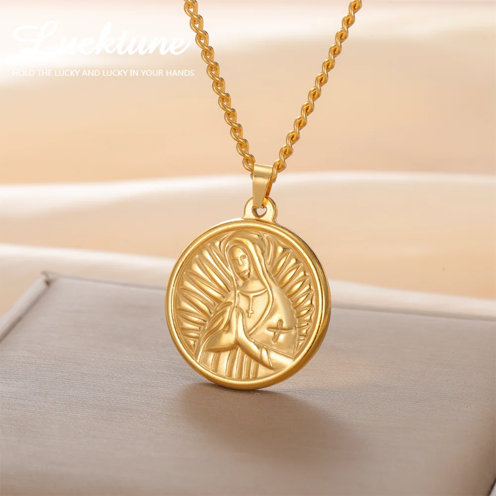 Lucktune Jungfrau Maria runde Anhänger-Halskette, modische Edelstahl-Halskette für Frauen, christliches Symbol, Schmuck, religiöse Geschenke Image