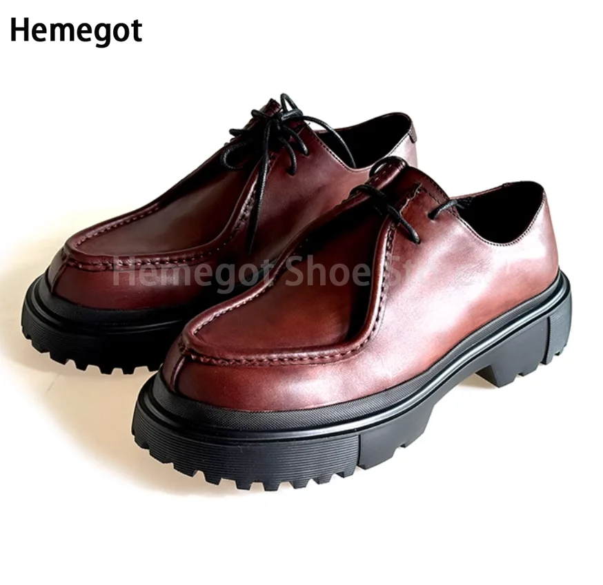 Lederschuhe aus Rindsleder mit dicker Sohle, Herrenschuhe, Schnürung, verschleißfest, höhenvergrößernde einfarbige Schuhe, handgefertigte Herrenschuhe