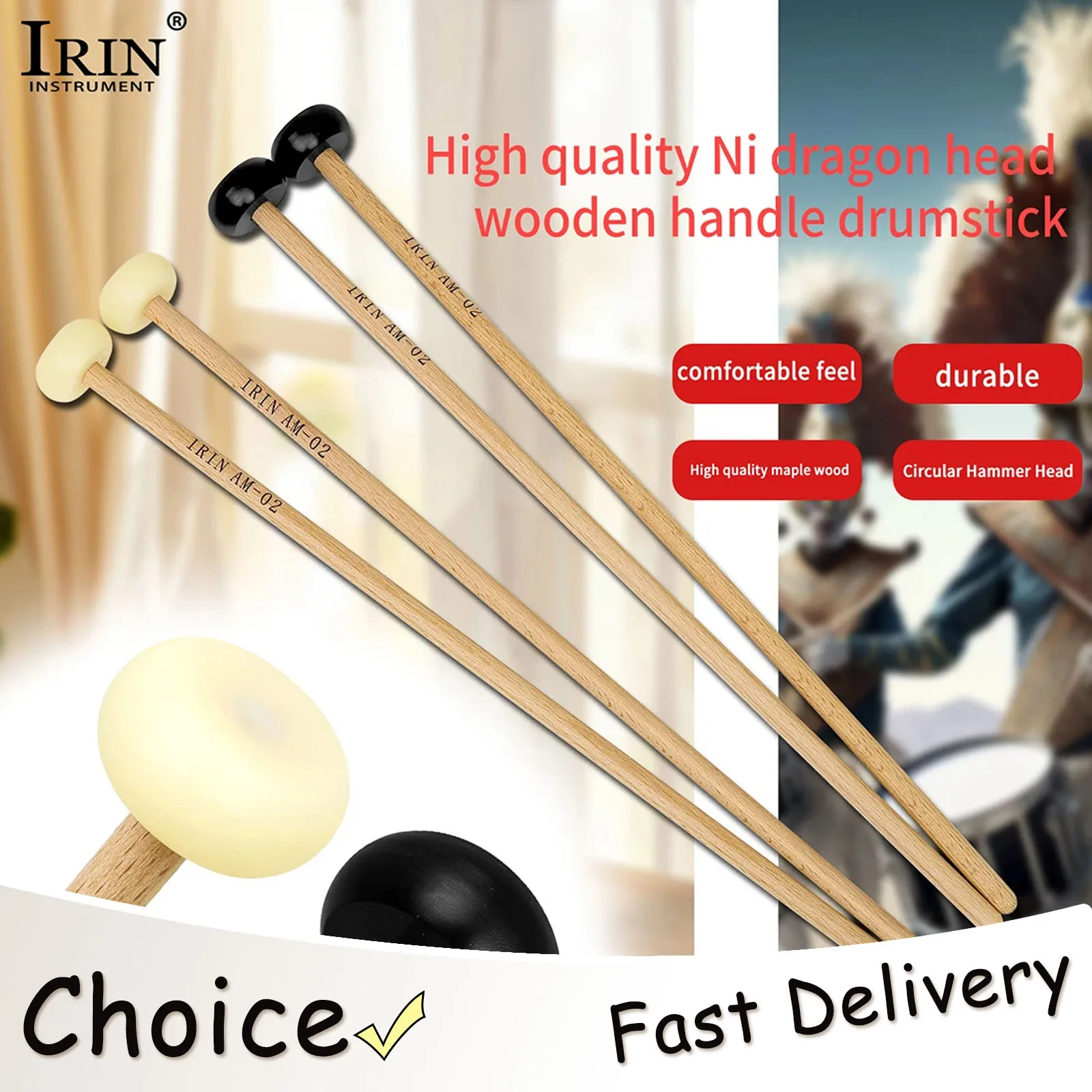 IRIN Hammer Drumsticks Massivholz-Nylon-Hammerkopf-Drumsticks Performance Percussion Musikinstrument Zubehör Image