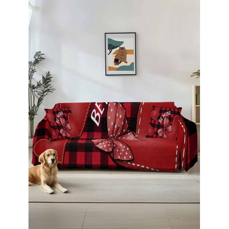 Happy Valentine s Day Couch Cover for 2 Cushion Sofa Black Red Love Hearts Buffalo Plaid Washable Loveseat Sofa Covers Slipcover for Sectional Sofas L-Shaped Couch Throw Cover 71 x118
