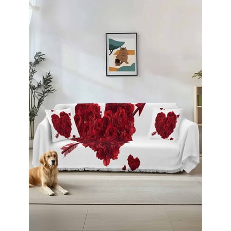 Happy Valentine s Day Couch Cover for 2 Cushion Sofa Red Roses Love Heart Romantic Washable Loveseat Sofa Covers Slipcover for Sectional Sofas L-Shaped Couch Throw Cover 71 x118