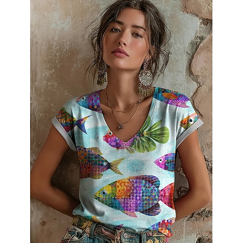 Damen T Shirt Druck Blumen Grafik Graffiti Bohemien Vintage Klassisch Kurzarm V Ausschnitt Normale Oberteile Täglich Blau Sommer Frühling Image