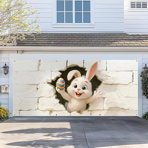 Oster-Garagentorbanner, Osterhase, Backsteinmauer, Garagentorabdeckung, Frühlingsdekoration für den Garten