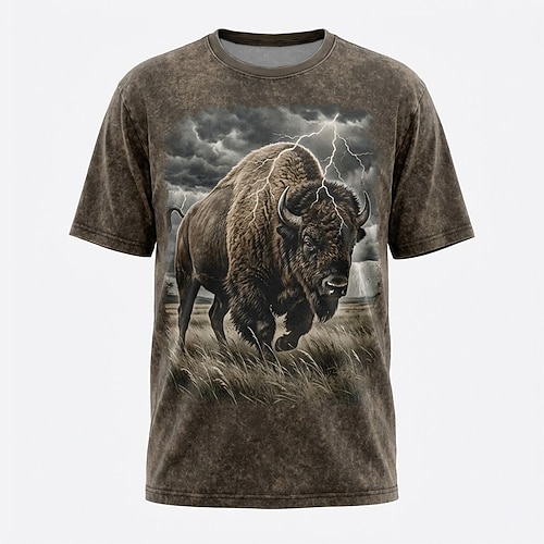 Bison-Büffel-Blitz-3D-Grafik-T-Shirt für Herren, Vintage-Braun, Kurzarm-T-Shirt mit Wildtiermotiv, Größen S, M, L, XL, XXL, XXXL Image