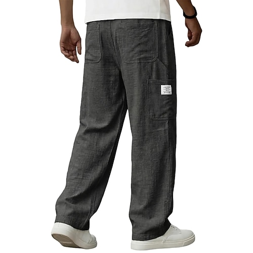 Herren Leinenhosen Hose Sommerhose Baggy-Hosen Freizeithose Kordelzug Elastischer Bund Gerader Schnitt Einfach Komfort Atmungsaktiv Volle Länge Lässig Täglich Outdoor Urlaub Mode Schwarz Weiß Image