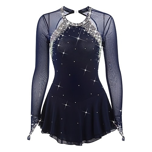 Eiskunstlaufkleid Mädchen Eislaufen Kleid Violett Marineblau Schwarz Patchwork Offener Rücken Hohe Elastizität Training Wettbewerb Eiskunstlaufkleidung Klassisch Kristall / Strass Langarm Eislaufen Image