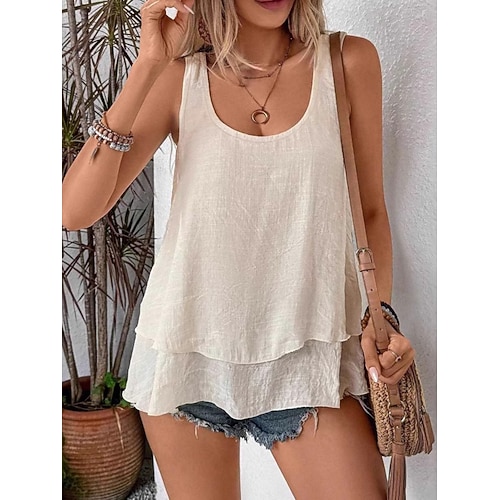 Damen Bluse Hemd aus Leinenimitat Rüsche Einfarbig Täglich Basic Lässig Ärmellos Rundhalsausschnitt Normale Oberteile Täglich Schwarz Orange Grün Aprikose Sommer Image