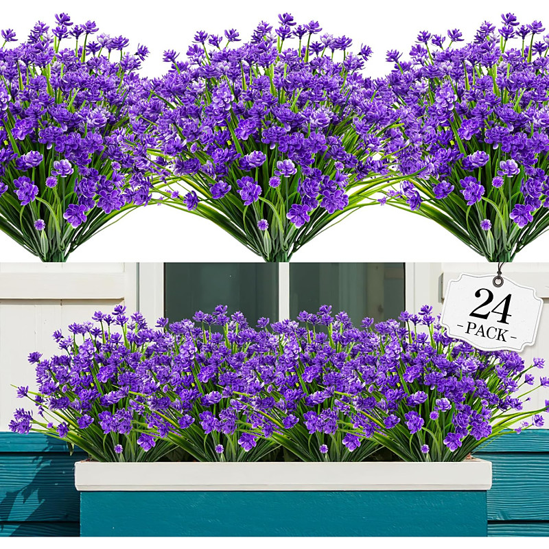 24 Bundles Artificial Flowers Outdoor,No Fade Fake Plastic Flowers Faux Plants for Decoration Hanging Planters Indoor Outside Garden Porch Window Box Home Farmhouse Wedding