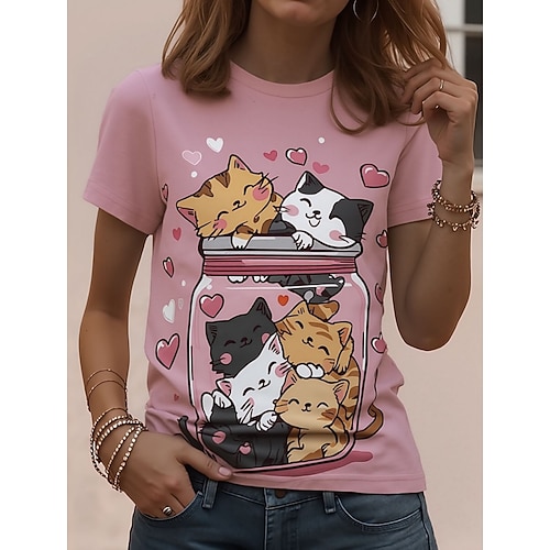 Damen T Shirt Druck Grafik Tiermotiv Katze Vintage Stilvoll Klassisch Kurzarm Rundhalsausschnitt Normale Oberteile Täglich Wochenende Aprikosen-Rosa Rosa Khaki Sommer Frühling Herbst Image