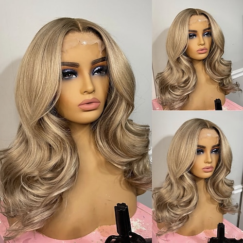 Echthaar 5x5 Verschluss 13x4 Spitzenfront Perücke Mittelscheitel Brasilianisches Haar Gewellt Blond Perücke 150% 180% Haardichte mit Babyhaaren Hervorgehobenes / Balayage-Haar Natürlicher Haaransatz Image