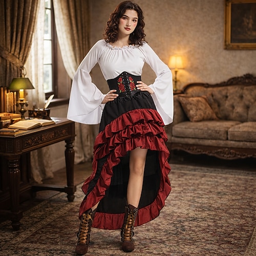 Set Gotisch Mittelalterlich Renaissance Rock Bluse / Hemd Korsett langarm Pirat A-Linie Rundausschnitt Kostüm Damen Halloween Karneval Renaissance-Messe LARP Retro-Mottoparty Erwachsene Hemd Bluse Image