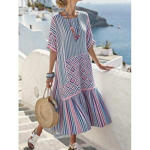 Damen Maxikleid Shiftkleid Freizeitkleid Mode Modern Täglich Urlaub Ausgehen Lässiger Schnitt Blumen Halbarm Rundhalsausschnitt Blau Rote Dunkelgrün Purpur Sommer Frühling Herbst Image