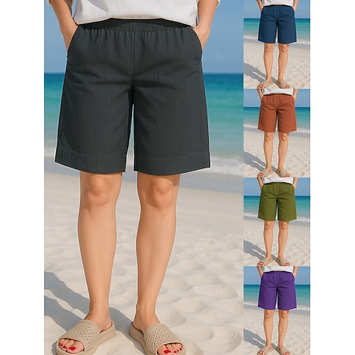 Damen Shorts aus Baumwollleinen Chinos Shorts Urlaub Basic Lässig Kurz Hohe Taille Einfarbig Tasche Elastischer Bund Bequem Weich Mikroelastisch Outdoor Urlaub Straße Blau Schwarz Weiß Gelb Sommer Image