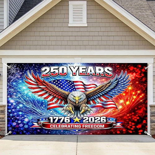 Dekoration für Garagentorabdeckung zum 250. Jahrestag der USA, Fotohintergrund mit Adlermotiv zum 4. Juli, Banner „USA 1776–2026", patriotische Dekoration für Garagentor zum Unabhängigkeitstag Image