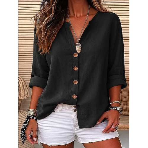 Damen Bluse Hemd aus Leinenimitat Knöpfe Einfarbig Täglich Lässig Dreiviertelarm V Ausschnitt Normale Oberteile Täglich Blau Schwarz Weiß Rote Orange Sommer Frühling Herbst Image