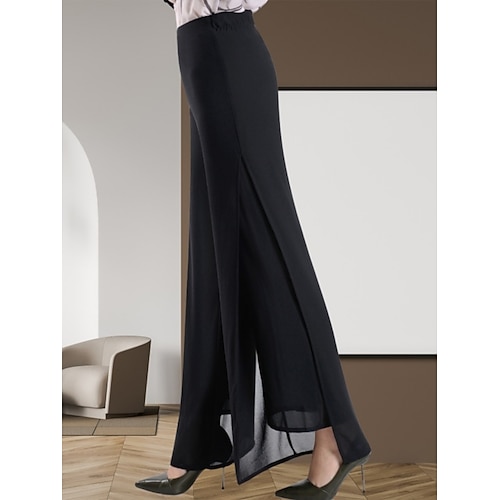 Damen Weites Bein Hose Freizeithose Urlaub Mode Streetwear Volle Länge Hohe Taille Einfach Elastischer Bund Geteilt Komfort Bequem Mikroelastisch Täglich Urlaub Straße Schwarz Weinrot Sommer Frühling Image
