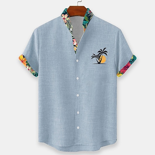 Herren Kokospalme Tropische Pflanzen Blumen Sommer Hawaiihemd Knopfhemd Stehkragenhemd Kurzarm Hawaiianisch Strandurlaub Sommer Frühling Mandarinkragen 3D-Druck Leinenähnliches Hemd Blau Rosa Grün Image
