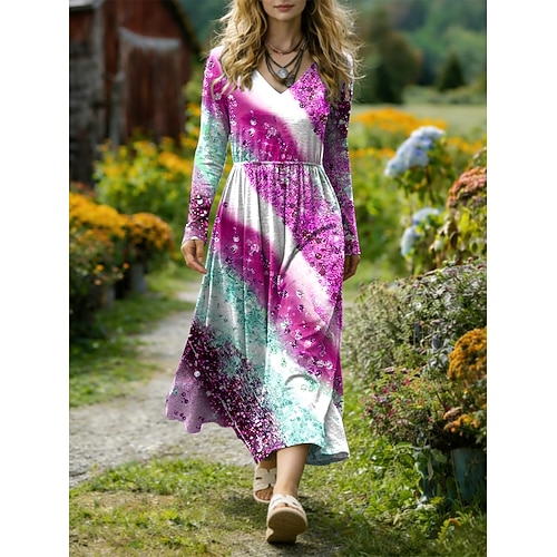 Damen Midikleid A Linie Kleid Lässig Boho Date Normale Passform Grafik Geometrisch Abstrakt Langarm V Ausschnitt Blau Rote Königliches Blau Purpur Sommer Frühling Image
