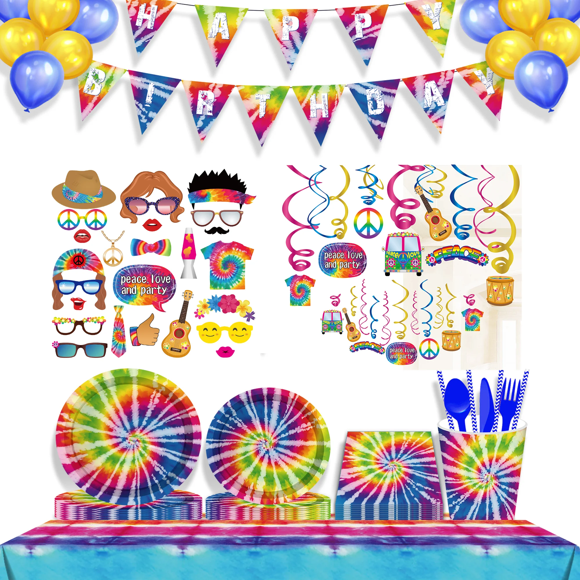 Tie Dye Art Themed Geschirr Sets Einweg Teller Tischdecke Servietten Tassen Banner Für Geburtstag Party Hochzeit Dekoration Image