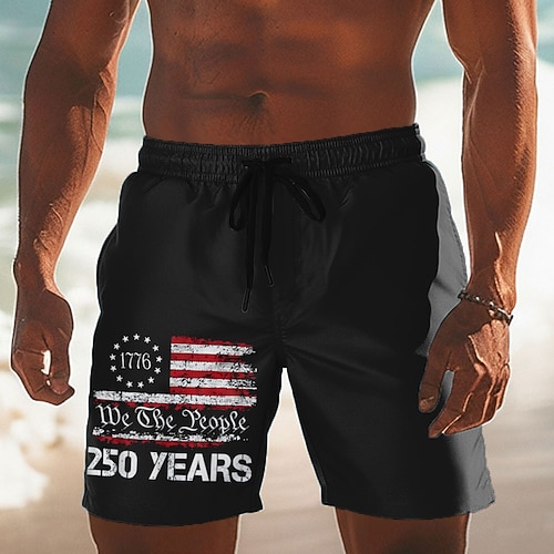Herren 250. Jahrestag des Unabhängigkeitstages der USA am 4. Juli Amerikanische Flagge Patriotisch Badehosen Badeshorts Boardshorts Mittlere Taille Lässig Ferien Seitentaschen Netzfutter Elastischer Image