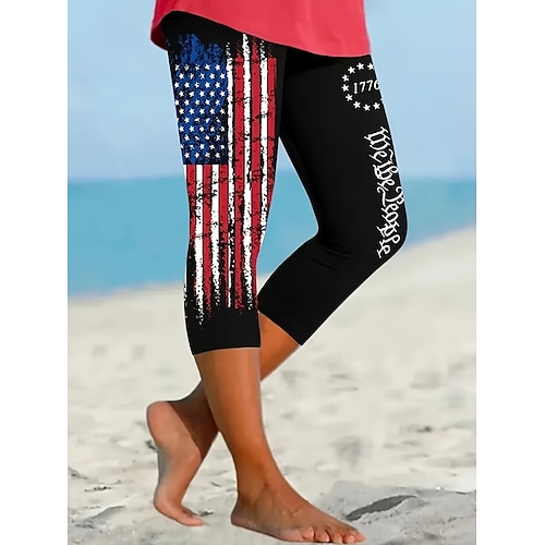 Unabhängigkeitstag Patriotische Damen Chinos Leggings Urlaub Mode Streetwear Capri Hohe TailleHosen Amerikanische Flagge Komfort Weich Bequem Dehnbar Täglich Outdoor Urlaub Blau Weiß Rot Schwarz Rot Image