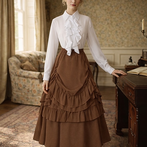 Set Elegant Mittelalterlich Renaissance Knöchellänge Rock Bluse / Hemd langarm Prinzessin Dame A-Linie Kostüm Damen Fantasie Weihnachten Halloween Renaissance-Messe LARP Erwachsene Bluse Rock Image