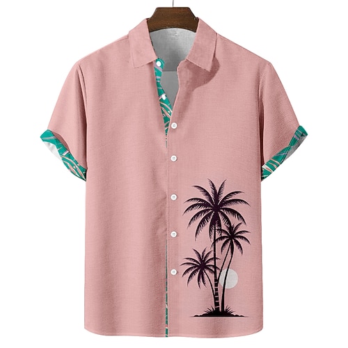 Herren Kokospalme Tropische Pflanzen Sommer Hawaiihemd Knopfhemd Alohahemd Kurzarm Hawaiianisch Urlaub Ferien Strandbekleidung Sommer Frühling Umlegekragen 3D-Druck Leinenähnliches Hemd Blau Rosa Grün Image