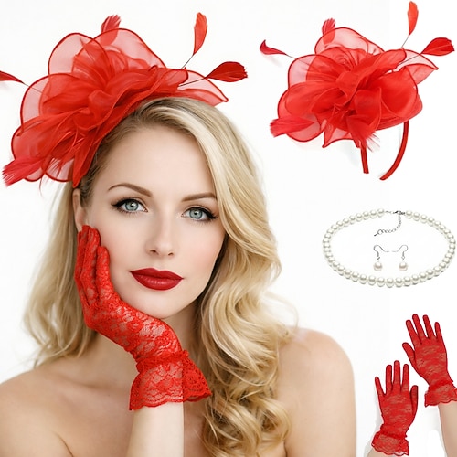 Set 1950er Handschuhe Kopfschmuck Halskette mit Zubehör Kostüm Damen Maskerade Hochzeit Ascot Pferderennfestival Erwachsene Kopfschmuck Handschuhe Ohrringe Ganzjahres Image