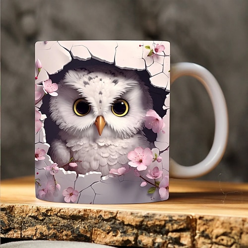 Niedlicher 3D-Kaffeebecher (325 ml) mit Katze, Kaninchen und Vogelmotiv, isolierter Keramikbecher, wiederverwendbar, nur Handwäsche, bezauberndes Tierdesign mit Blumen, perfektes Geschenk für Image