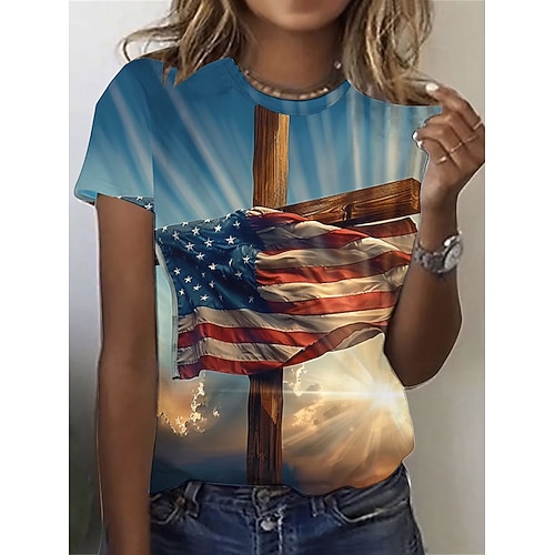 Amerikanischer Unabhängigkeitstag Damen T Shirt Druck Grafik Flagge Stilvoll Klassisch Lässig Kurzarm Rundhalsausschnitt Rundhals Normale Oberteile Täglich Blau Rote Rot / Blau Sommer Frühling Image