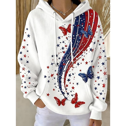 Unabhängigkeitstag Patriotisches Damen Pullover Hoodie Sweatshirt Grafischer Buchstabe Lässig Lange Ärmel Kapuze Reguläre Tops Alltag Sports Weiß Frühling Herbst