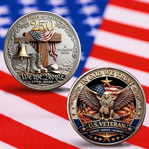 Gedenkmünze „In God We Trust" zum 250. Jahrestag der Freiheit für US-Veteranen – Limitierte Auflage (1776–2026) mit Motiven von Adler, Militärstiefeln, Freiheitsglocke und amerikanischer Flagge. Image