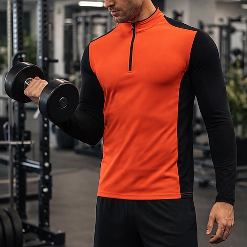 Herren Farbblock Patchwork Lauf-T-Shirt Kompressionsshirt Sportshirt Sporttop Sommer Frühling Viertelreißverschluss Langarm Schnelltrocknend Atmungsaktiv Fitnesstraining Gehen Joggen Weiß Rote Image