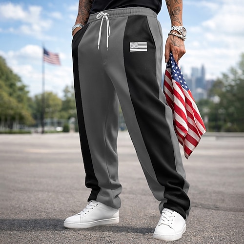 Herren Jogginghose Gerade geschnittene Sweatpants Kordelzug Tasche Elastischer Bund Farbblock Nationalflagge Komfort Volle Länge Lässig Täglich Outdoor Urlaub Mode Schwarz Rote Dehnbar Image