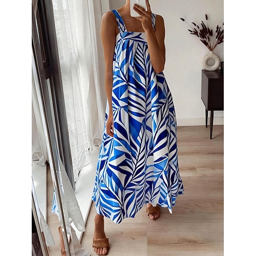 Damen Maxikleid Freizeitkleid A Linie Kleid Unterkleid Mode Modern Täglich Urlaub Ausgehen Lässiger Schnitt Blumen Geometrisch Ärmellos Träger Blau Schwarz Weiß Rosa Frühling Herbst Image