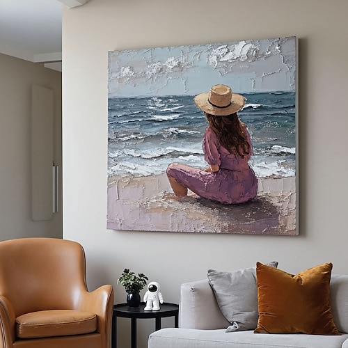 Handgemaltes abstraktes Meeresbild auf Leinwand, Strandlandschaft, Mädchen mit rosa Kleid, abstraktes modernes Gemälde auf Keilrahmen Image