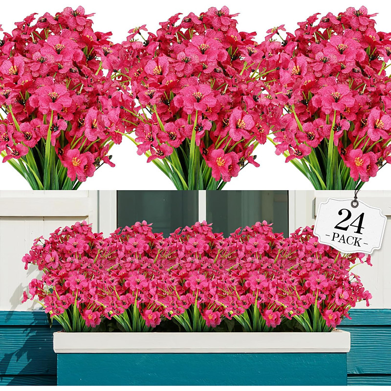 24 Bundles Artificial Flowers for Outdoor,No Fade Fake Plastic Flowers Faux Plants for Decoration Hanging Planters Indoor Outside Garden Porch Window Box Home Wedding Farmhouse