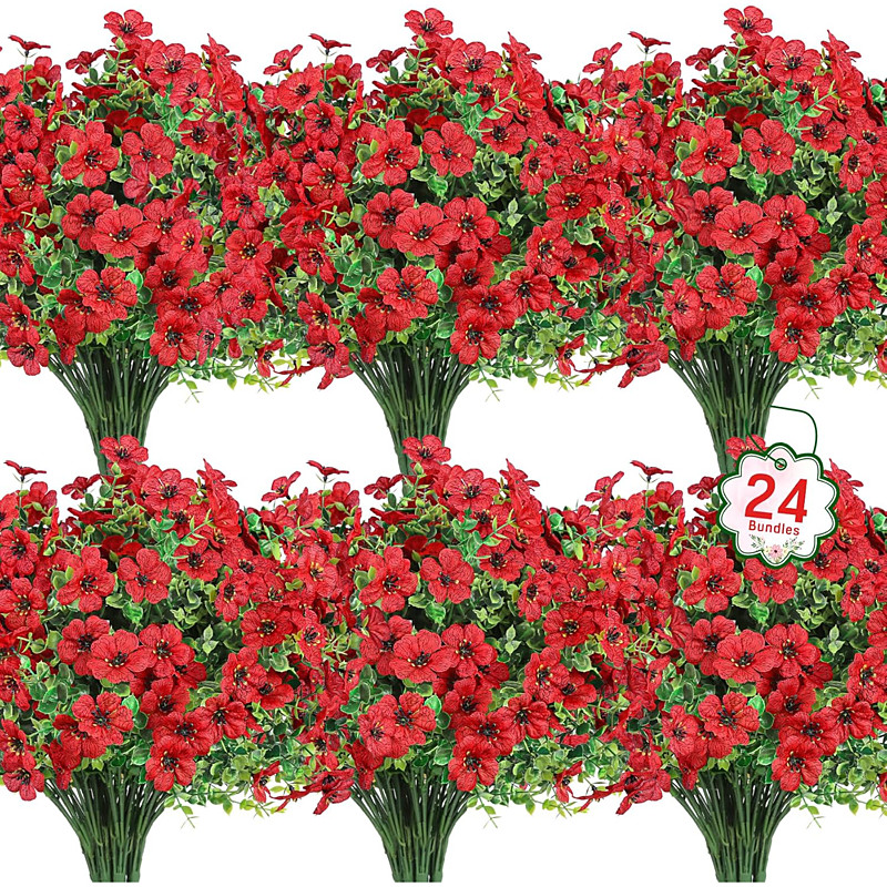 24 Bundles Artificial Flowers for Outdoors Fake Silk Flowers UV Resistant Faux Plastic Plants for Spring Summer Garden Porch Window Box Table Vase Home Indoor Outdoor Decoration, Mixed