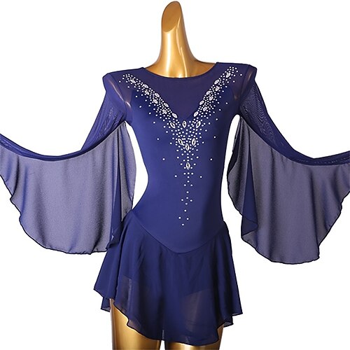 Eiskunstlaufkleid Mädchen Eislaufen Kleid Weiß Dunkelmarine Himmelblau Patchwork Quaste Hohe Elastizität Training Wettbewerb Eiskunstlaufkleidung Klassisch Kristall / Strass Langarm Eislaufen Image