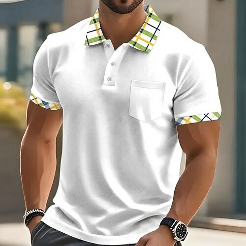 Herren Golfshirt Piqué-Poloshirt Lässig Geschäft Klassisch Kurzarm Mode Basic Einfarbig Karomuster Knöpfe Frühling Sommer Sommer Frühling Normale Passform Weiß Gelb Marineblau Grün Golfshirt Image