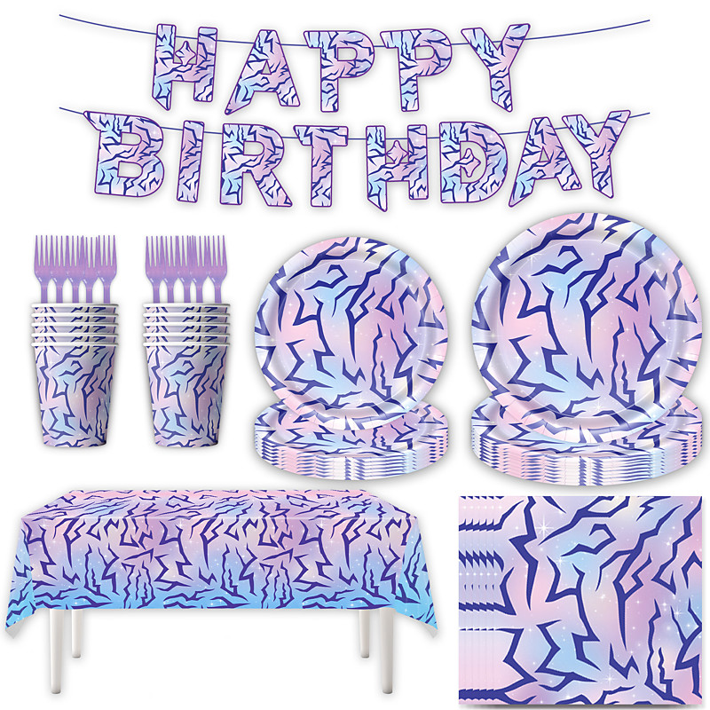Korean Idol Inspired Pop Star Style Party Supplies, Serves 76 with Plates, Cups, Napkins, Forks, Tablecloth Happy Birthday Banner, Purple Pop Theme Birthday Party Tableware Set for Kids Teens Fans D