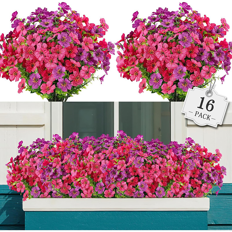 16 Bundles Artificial Flowers for Outdoor,No Fade Fake Plastic Flowers Faux Plants for Hanging Planters Decoration Indoor Outside Garden Porch Window Box Home Wedding