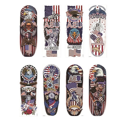 8 Bögen temporäre Armtattoos für Männer, patriotische Tattoo-Aufkleber mit USA-Flagge, Adler und Totenkopf, wasserfeste, extra große Fake-Tattoos für Dekorationen zum Unabhängigkeitstag am 4. Juli Image
