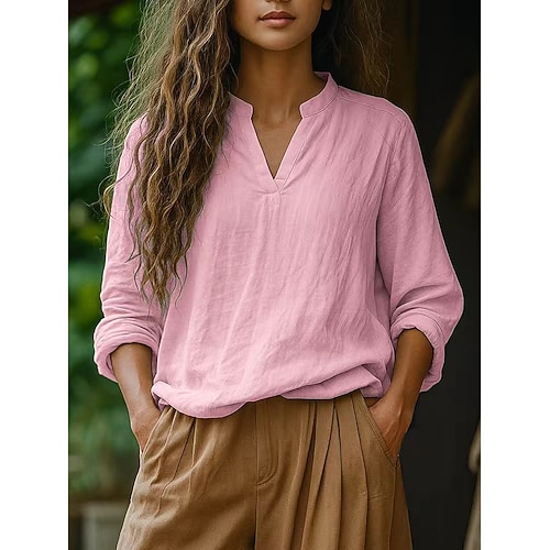 Damen Baumwoll-Leinen-Hemden Bluse Einfarbig Stilvoll Lässig Langarm V Ausschnitt Normale Oberteile Täglich Blau Weiß Rosa Grün Sommer Frühling Herbst Image