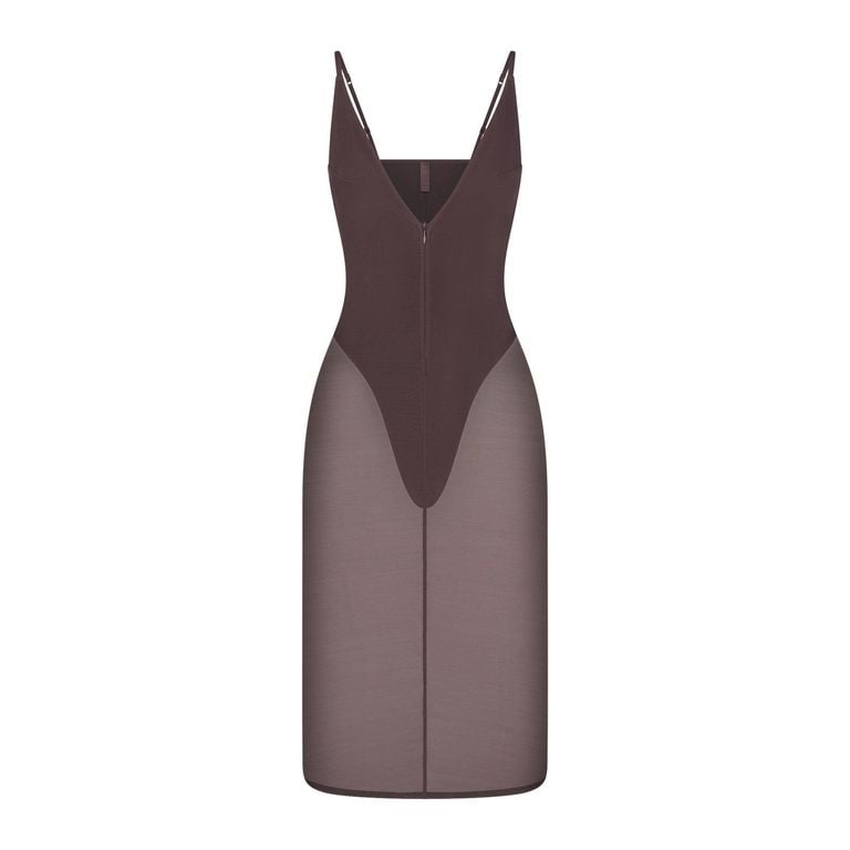 Mesh Plunge Midi Dress - Brown - Skims Dresses