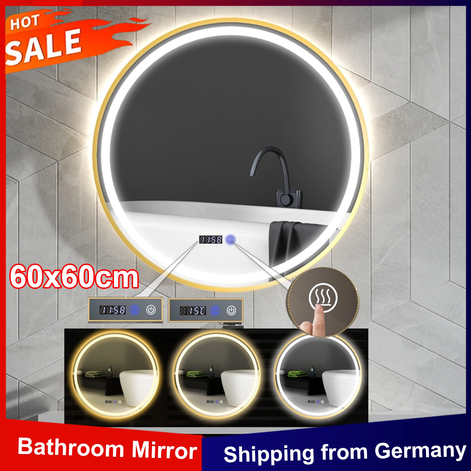 Anajqaqia 60 x 60 cm runder Badezimmerspiegel mit LED-Leuchten, Zeit- und Temperaturanzeige, Antibeschlagfunktion, Touch-Steuerung, 5 mm dick Image